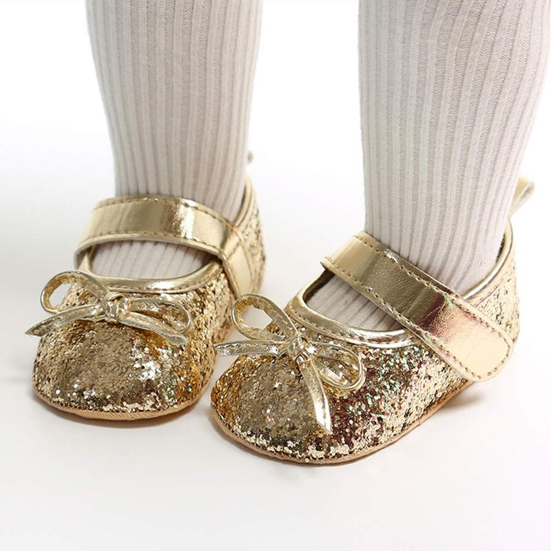 OAISNIT Baby Girl Mary Jane Flats Sparkly Soft Infant Princess Dress Crib Shoes with Headband (12-18 Months Toddler, 3-Gold) - Image 3